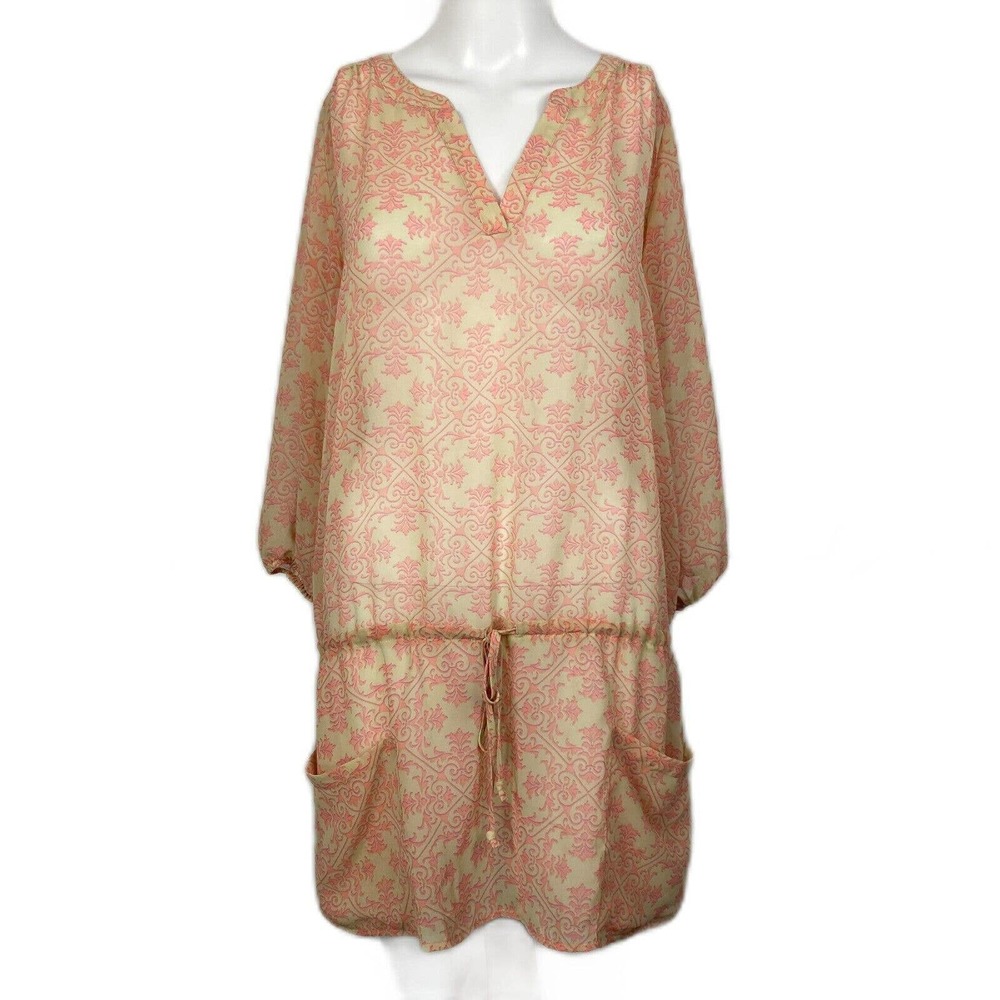 CAbi Shirt Womens S Tunic Beige Pink Art Nouveau Patterned Sheer Drawstring Top